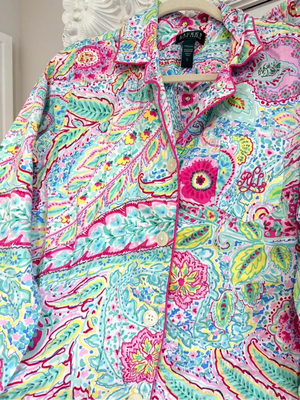 Ralph Lauren Multicolor Floral Paisley Print Pajama Shirt and Pants Matching Set - Picture 6 of 7